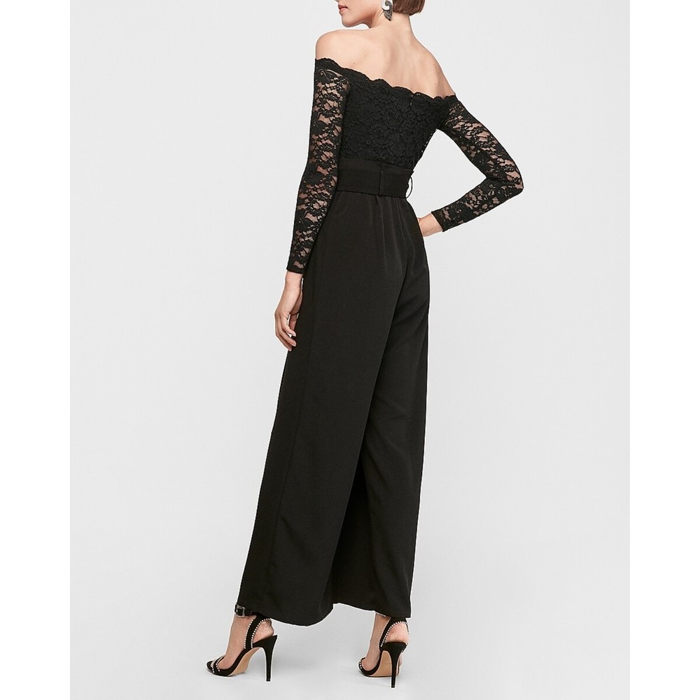 Express Lace Off The Shoulder Paperbag Slit Leg Jumpsuit